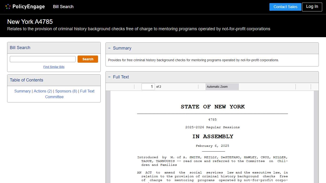A4785 | New York 2025-2026 | Relates to the provision of criminal history background checks free of charge to mentoring programs operated by not-for-profit corporations - Legislative Tracking | PolicyEngage